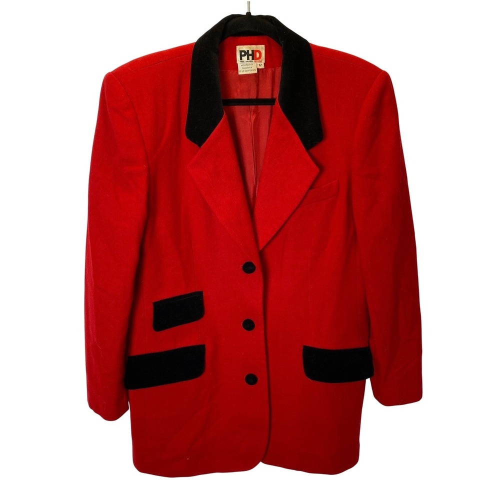 Paul Harris Design Blazer Women 12 Red Wool Velvet Trim Vintage Jacket Retro
